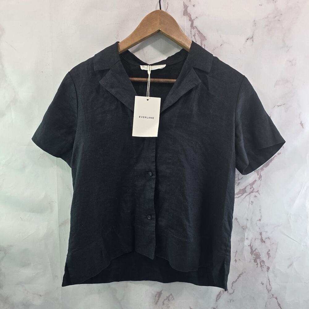 Everlane Shirt Womens Linen Black Notch Button Up Short Sleeve Camp Boxy